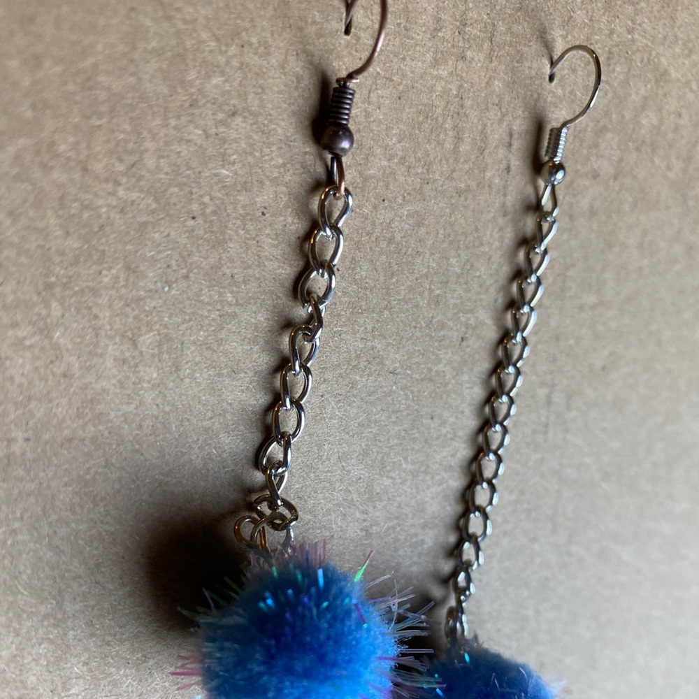 Blue Pom Pom chain earrings